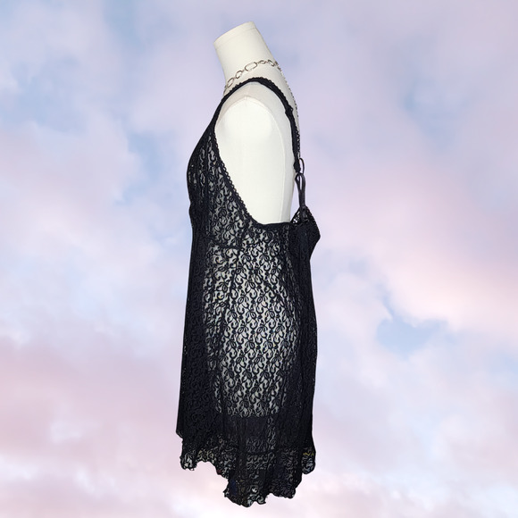 Black Sheer Lace Whimsi Gothic V-Neck Frilly Grunge Boho Lingerie Slip Dress - Picture 3 of 6